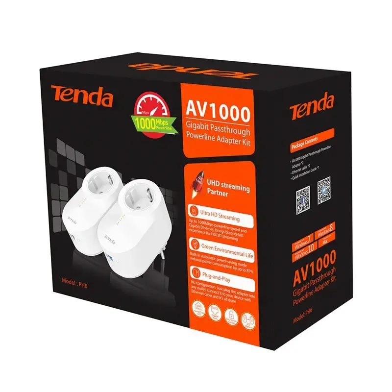TENDA PH6 AV1000 Gigabit Passthrough Powerline Adapter Kit