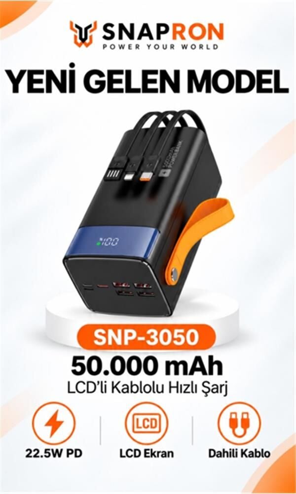 Snapron SNP-3050 50.000 Mah LCD Ekran Dahili Kablolu 22.5w Hızlı Şarj Powerbank