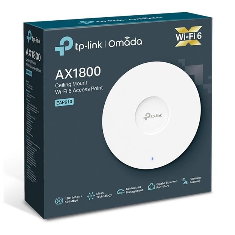 TP‑LINK Omada EAP610 AX1800 Dual‑Band Wi‑Fi 6 (2.4 GHz 574 Mbps + 5 GHz 1201 Mbps) Tavan Tipi/Wall‑Mount AP, 1×Gigabit RJ45 PoE+, DC Adaptör Dahil