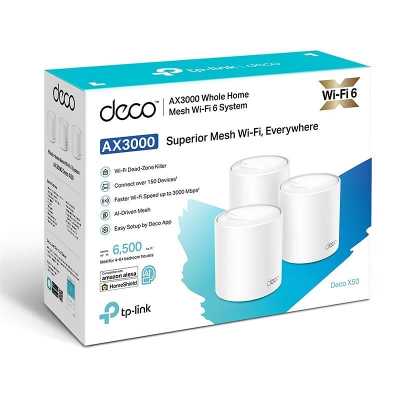 TP‑LINK Deco X50 AX3000 Üçlü Mesh Wi‑Fi 6 Sistemi – 3×AX3000 (2402+574 Mbps) Dual‑Band, Gigabit LAN Ports, AI‑Driven Mesh, HomeShield Güvenlik, Üçlü Paket