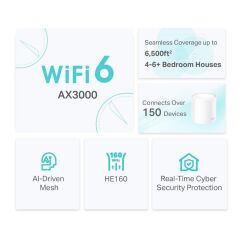 TP‑LINK Deco X50 AX3000 Üçlü Mesh Wi‑Fi 6 Sistemi – 3×AX3000 (2402+574 Mbps) Dual‑Band, Gigabit LAN Ports, AI‑Driven Mesh, HomeShield Güvenlik, Üçlü Paket