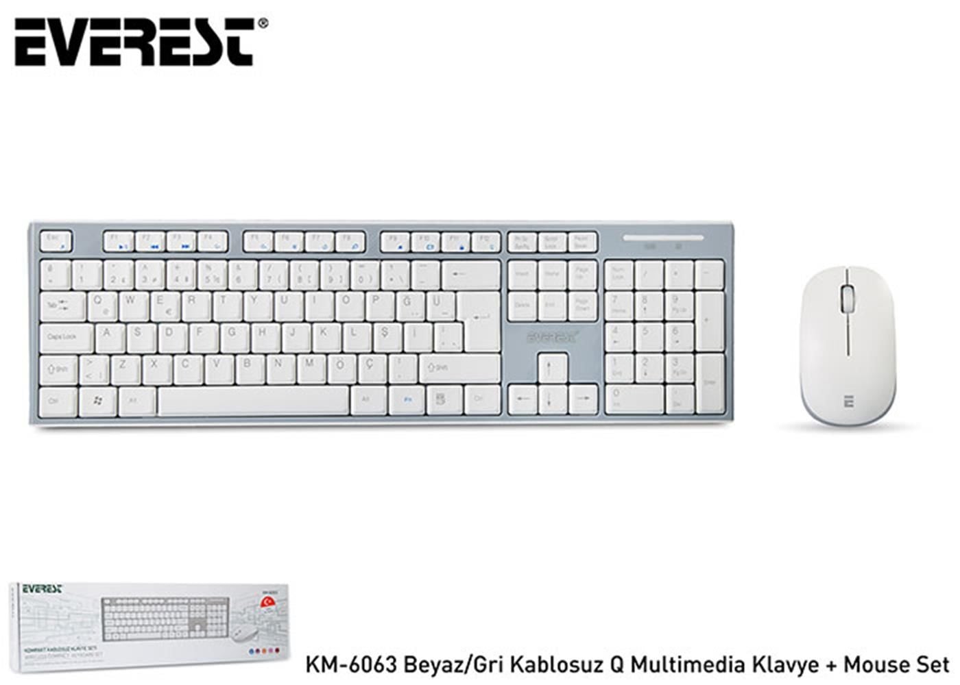 Everest KM-6063 Beyaz-Gri Kablosuz Q Multimedia Klavye + Optik Mouse Set