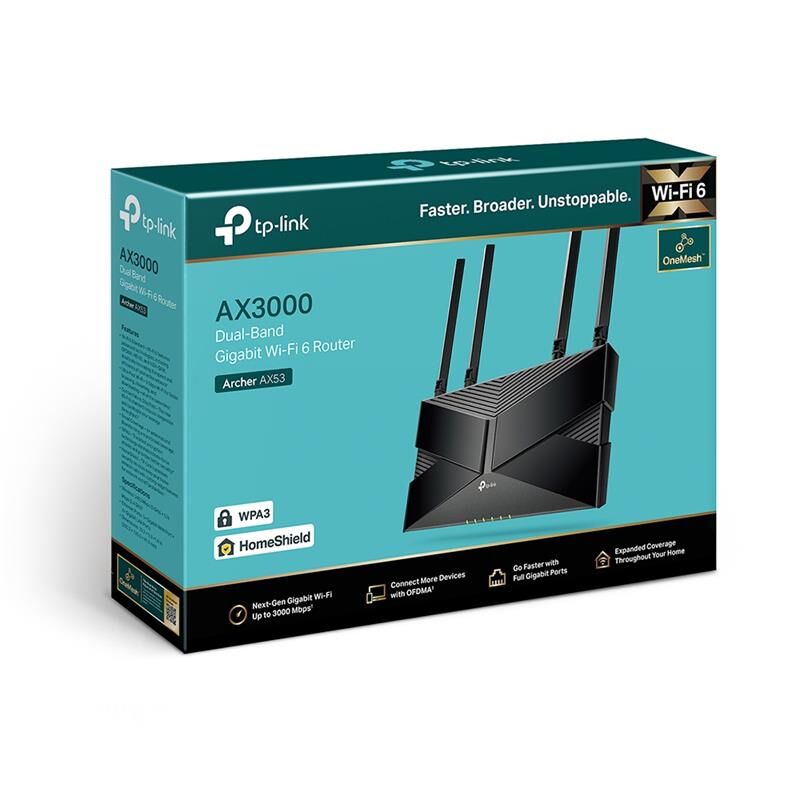 TP-LINK Archer AX53 AX3000 2402Mbps 5GHz + 574Mbps 2.4GHz Dual Band Gigabit Wi-Fi 6 Router, 4x Sabit Yüksek Performanslı Anten, WPA3, OFDMA, MU-MIMO, Beamforming, HomeShield, OneMesh, Siyah