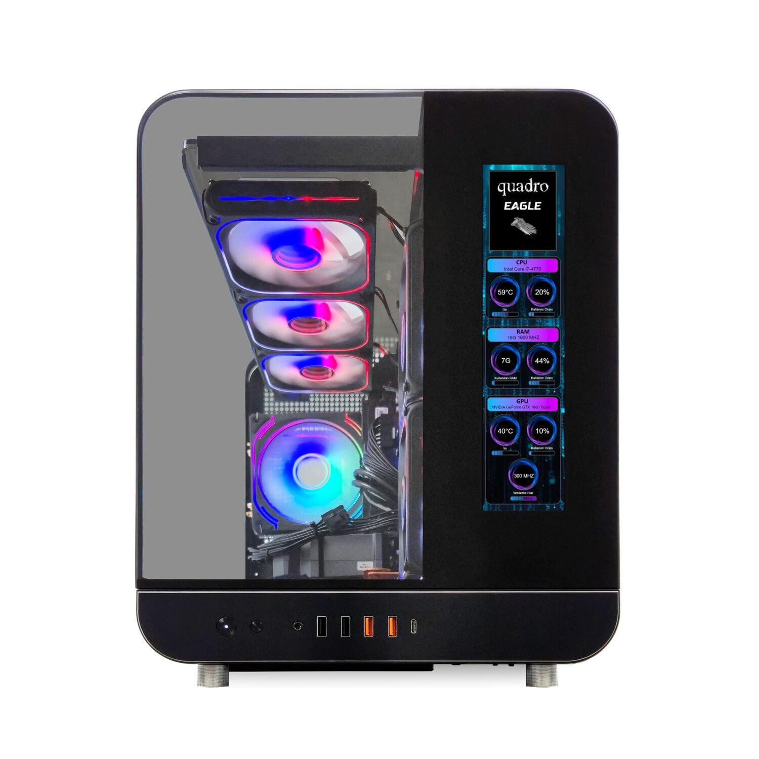 Quadro QX100 EAGLE Pencereli Dahili Led Ekranlı Siyah Oyuncu Kasası (9x RGB Fan Dahil)