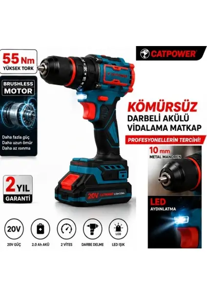 CATPOWER 1050 Kömürsüz Darbeli Şarjlı Matkap Vidalama 20V 2.0AH 55 Nm Brushless Çift Akülü 70 Parça