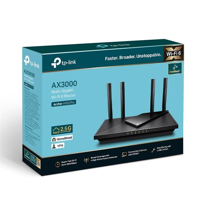 TP‑LINK Archer AX55 Pro AX3000 2402 Mbps + 574 Mbps Dual Band IEEE 802.11ax Wi‑Fi 6 Router, 2× 2.5 Gbps WAN/LAN Port + 3× 1 Gbps LAN, USB 3.0, HomeShield, VPN, Beamforming, 4 Anten Siyah