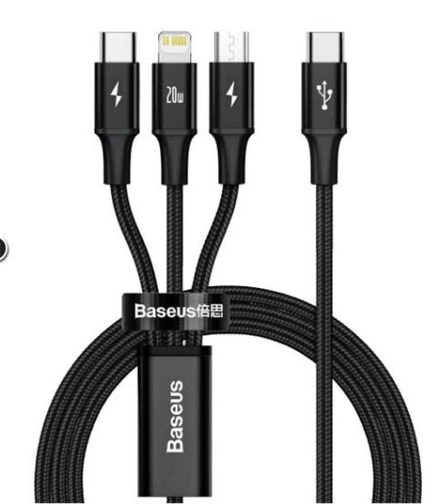 Baseus Rapid Series 3in1 20W PD Hızlı Şarj ve Data Kablosu 1.5m (Lightning / Type-C / Micro USB) - Siyah