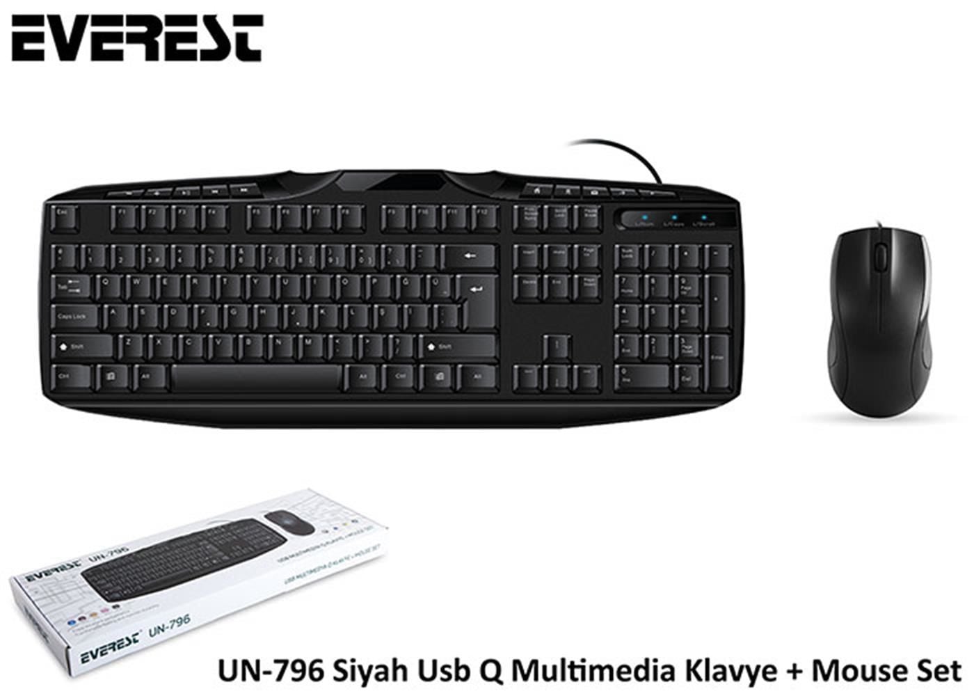 Everest UN-796 USB Kablolu Q Türkçe Multimedya Klavye ve Optik Mouse Seti - Siyah