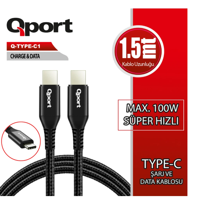 QPORT Q-TYPE-C1 1.5M USB Type-C 100W PD Süper Hızlı Şarj ve Data Kablosu