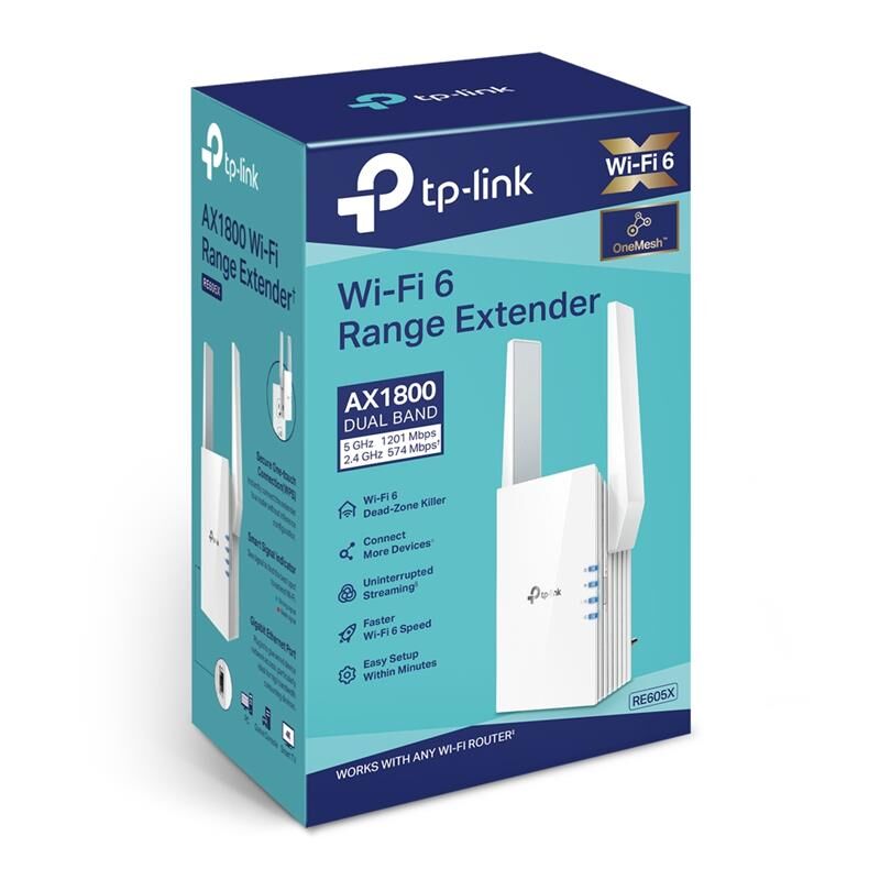 TP-LINK RE605X AX1800 Dual Band Wi-Fi 6 Kablosuz Menzil Genişletici, 574 Mbps + 1201 Mbps, 1x Gigabit Ethernet Portu, 2 Harici Anten, OneMesh ve Access Point Desteği, Beyaz