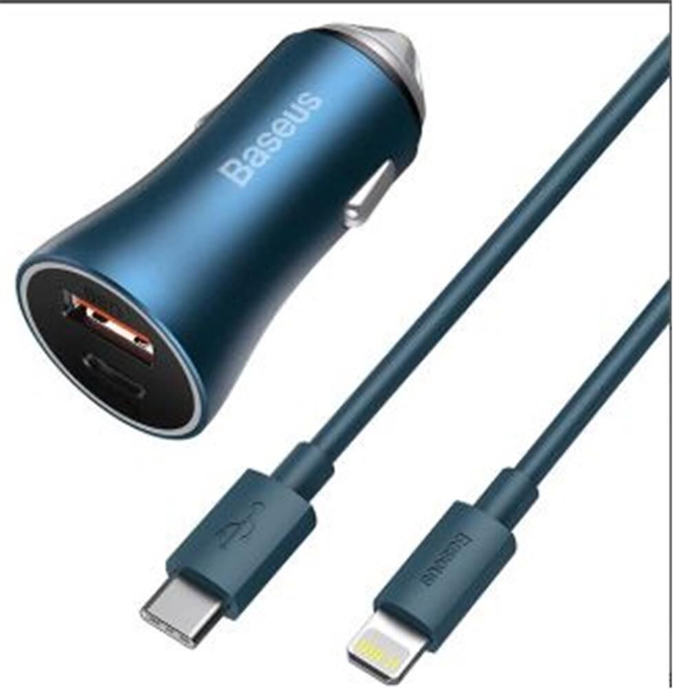 Baseus Golden Contactor Pro 40W Çift USB Hızlı Araç Şarj Cihazı + Lightning Kablo Seti (Mavi)