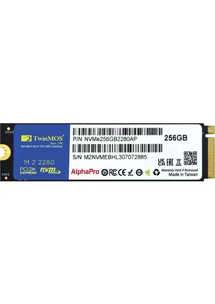 TwinMOS 256GB NVMe M.2 PCIe Gen3 x4 SSD (3600MB/s Okuma - 3250MB/s Yazma) 3D TLC NAND