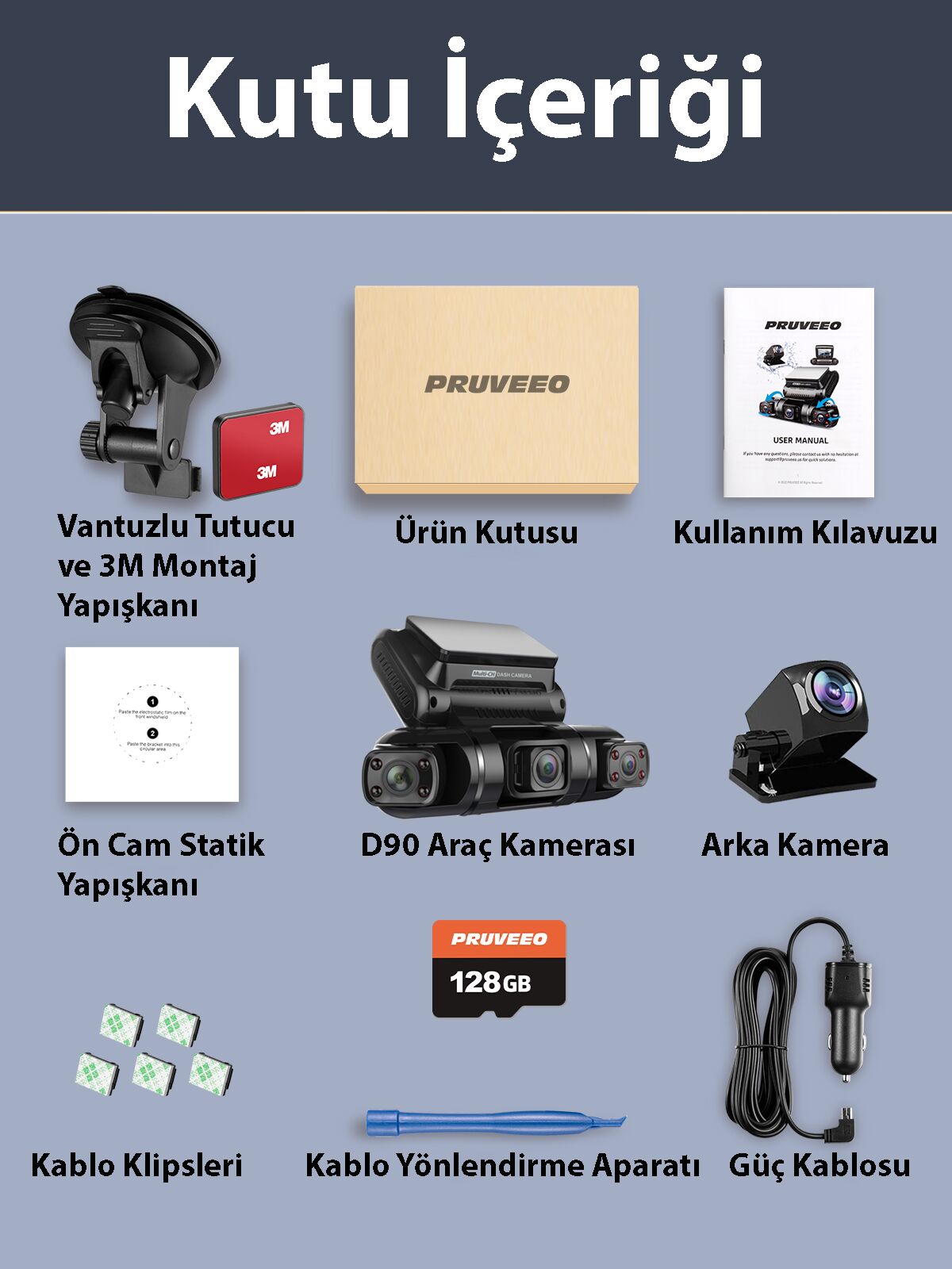 Pruveeo D90-4CH 4 Kanallı Full HD WiFi GPS Destekli Araç Kamerası + 128GB SD Kart