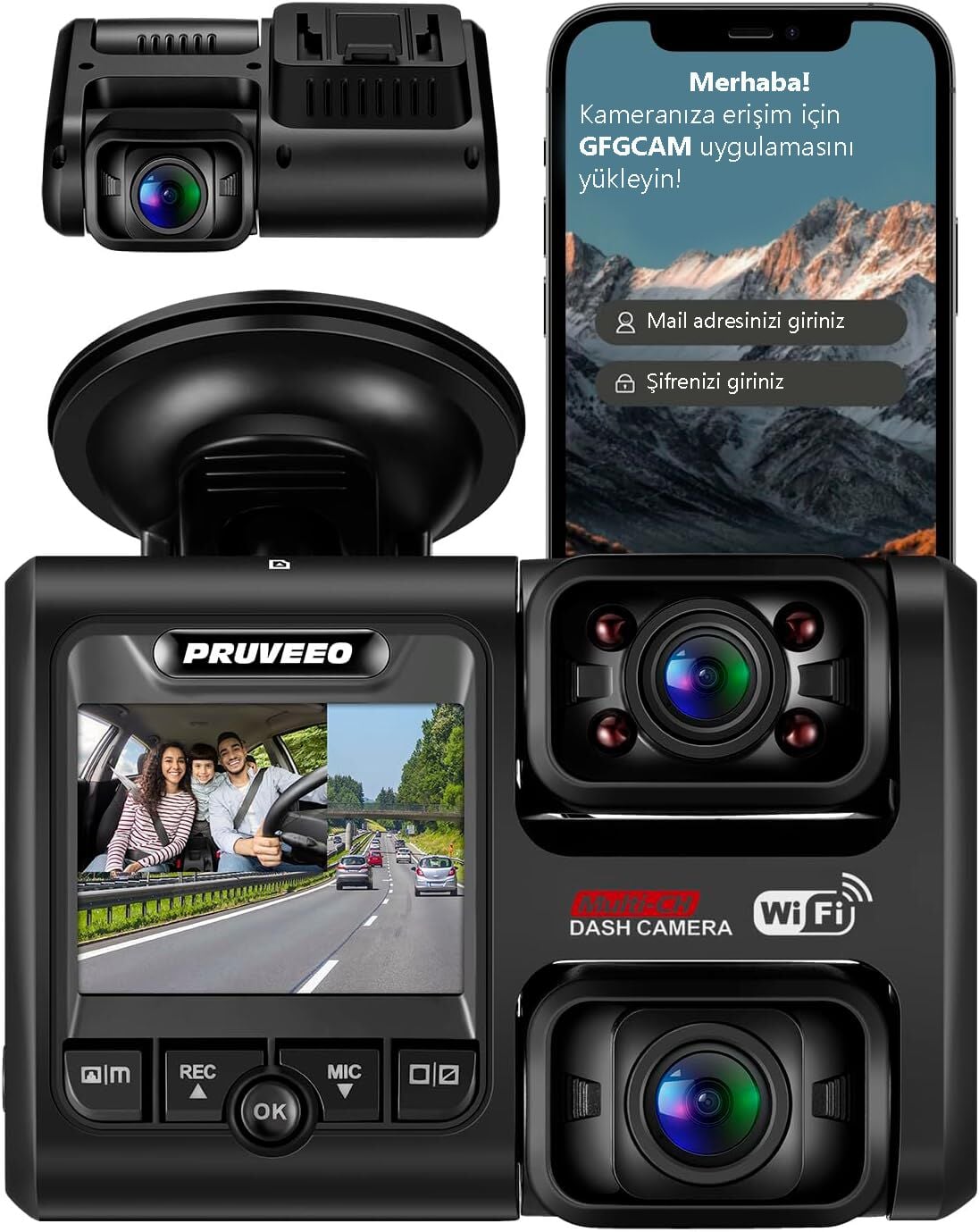 Pruveeo D30 4K Ultra HD WiFi Çift Kanallı Araç İçi Kamera (Ön ve İç)