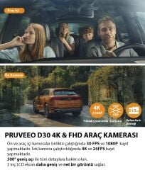 Pruveeo D30 4K Ultra HD WiFi Çift Kanallı Araç İçi Kamera (Ön ve İç)