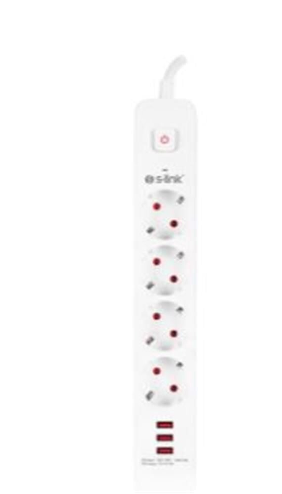 S-link SPG403U 1.5m 1.5mm 100 yüzde  Bakır 750 Joule 3 Usb 5V2.4A 4lü Anahtarlı Akım Korumalı Priz