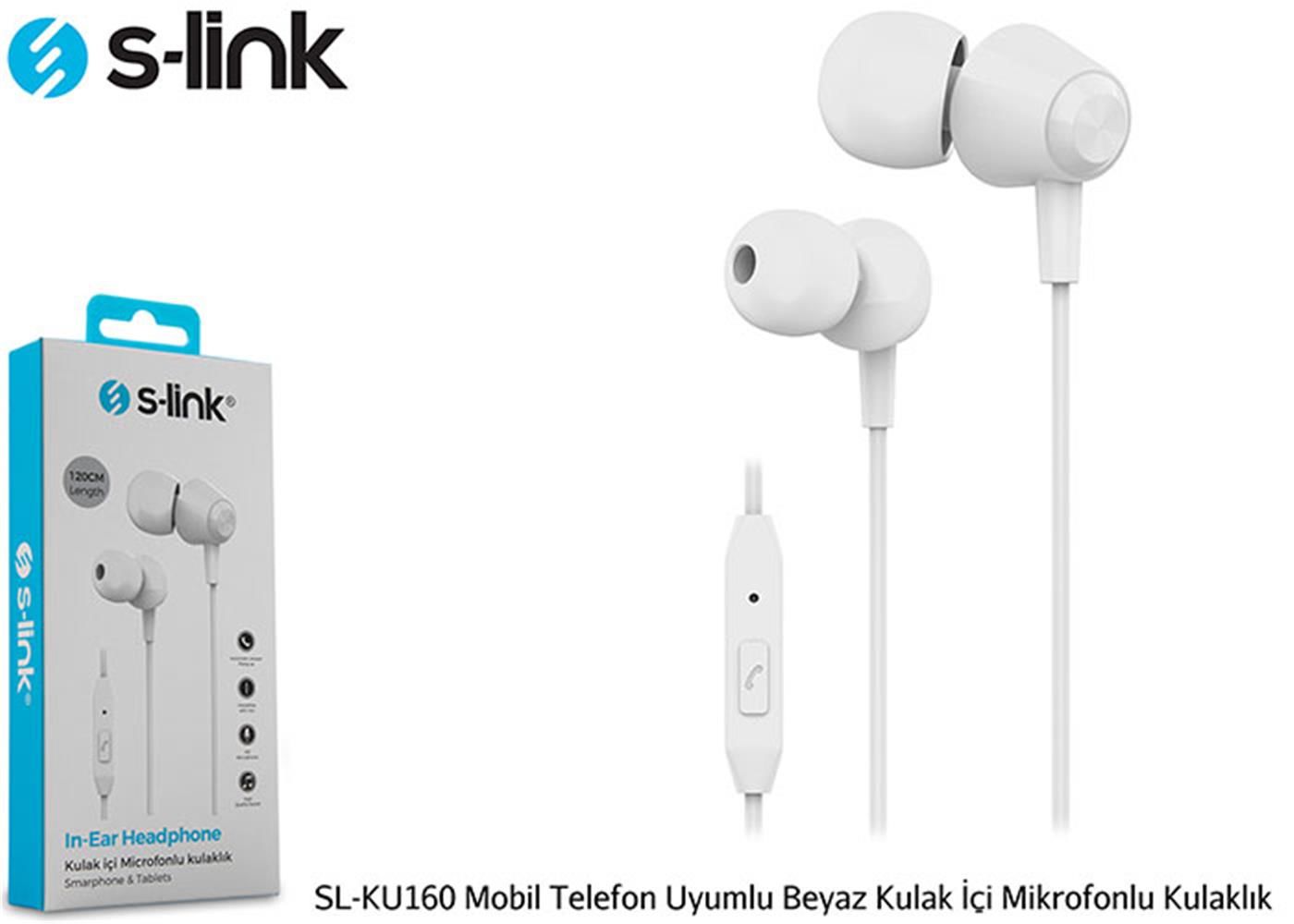 S-link SL-KU160 Beyaz 3.5mm Jak Bağlantılı Mikrofonlu Kablolu Kulak İçi Kulaklık