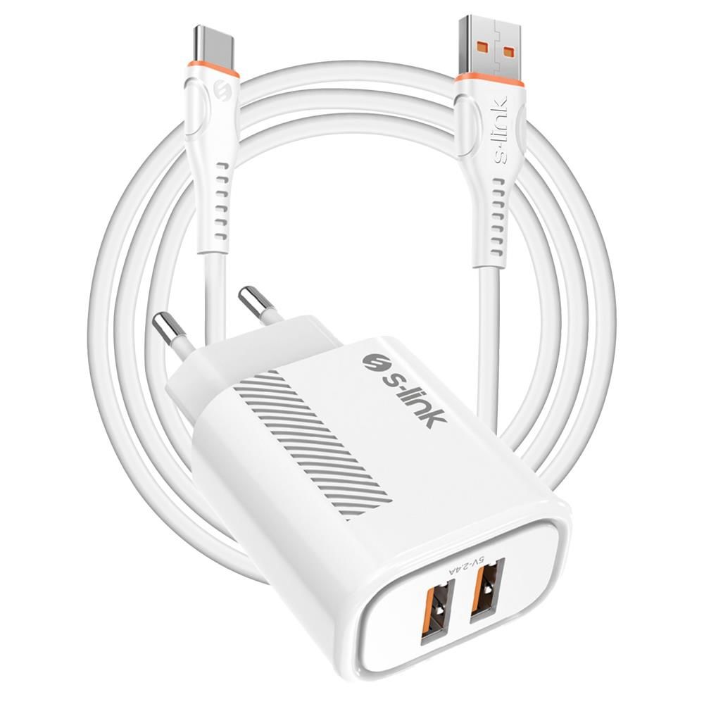 S-link SL-EC50 (SL-EC50T) 5V 2.4A 12W 2 Port USB Çıkışlı + Dahili Type-C Kablolu Beyaz Ev Şarj Cihazı