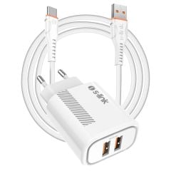 S-link SL-EC50 (SL-EC50T) 5V 2.4A 12W 2 Port USB Çıkışlı + Dahili Type-C Kablolu Beyaz Ev Şarj Cihazı