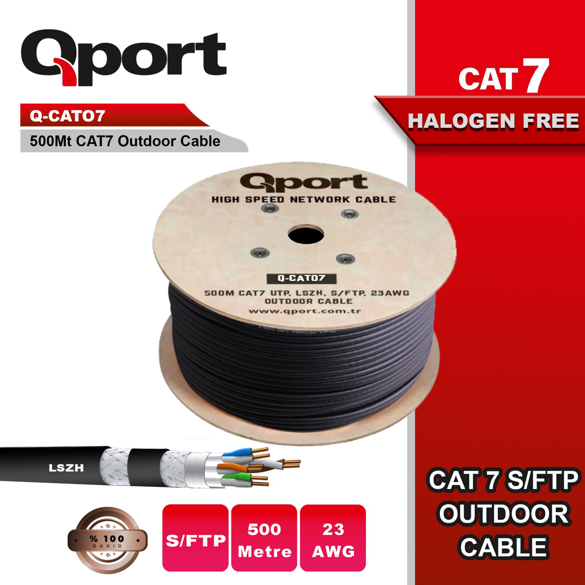 QPORT Q‑CATO7 500 Metre CAT7 S/FTP 23 AWG Saf Bakır LSOH Halojen‑Free Siyah Kablo