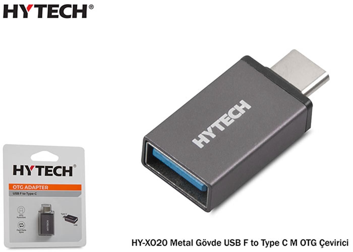 Hytech HY-XO20 Gümüş Metal Gövde USB-A Dişi (USB F) to USB Type-C Erkek (Type-C M) OTG Çevirici Adaptör