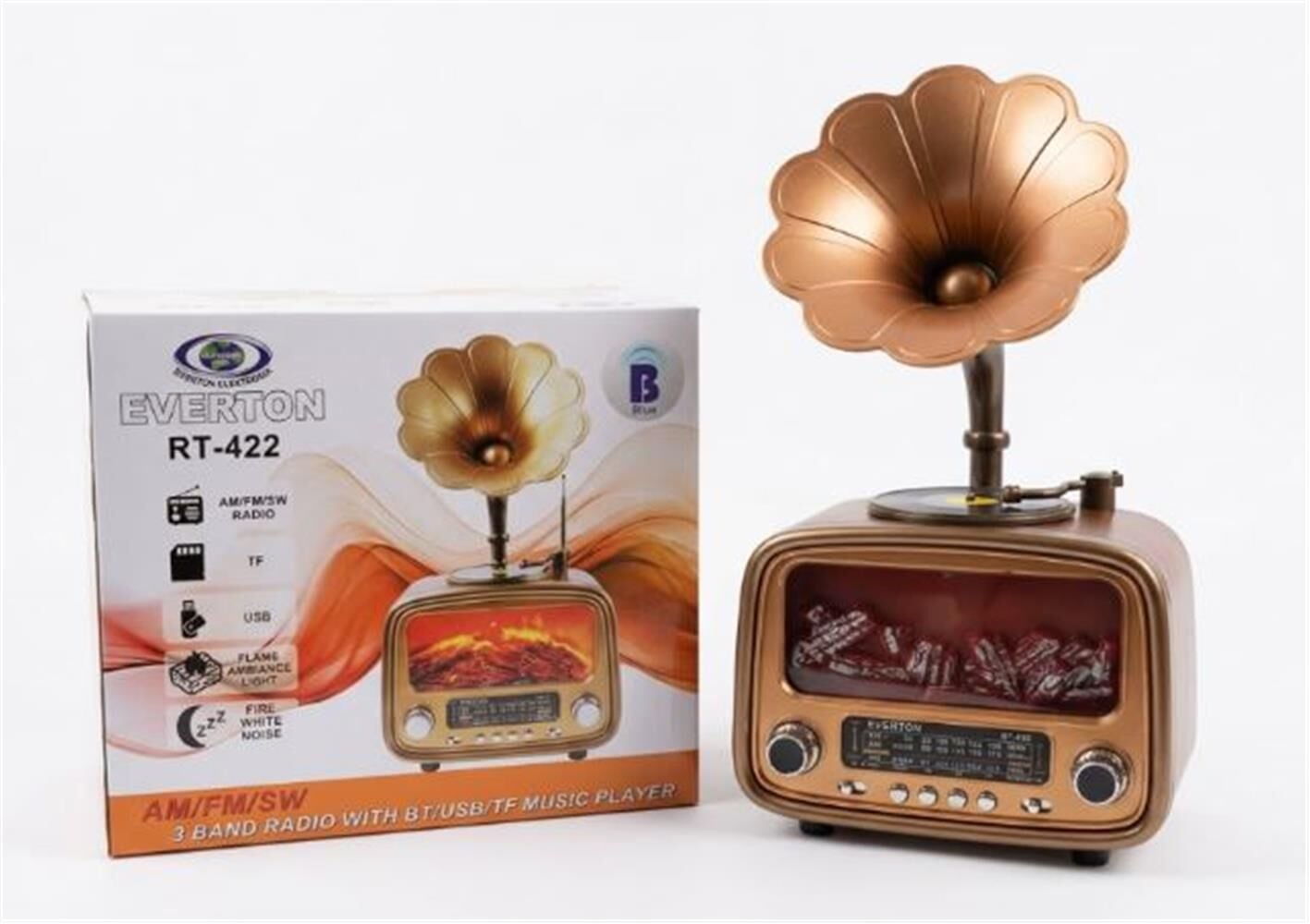 Everton Rt-422  Bluetooth Fm-Usb-Tf-Aux Şarjlı Nostaljik Radyo Gramafon (Alev Ambiyans Işığı)
