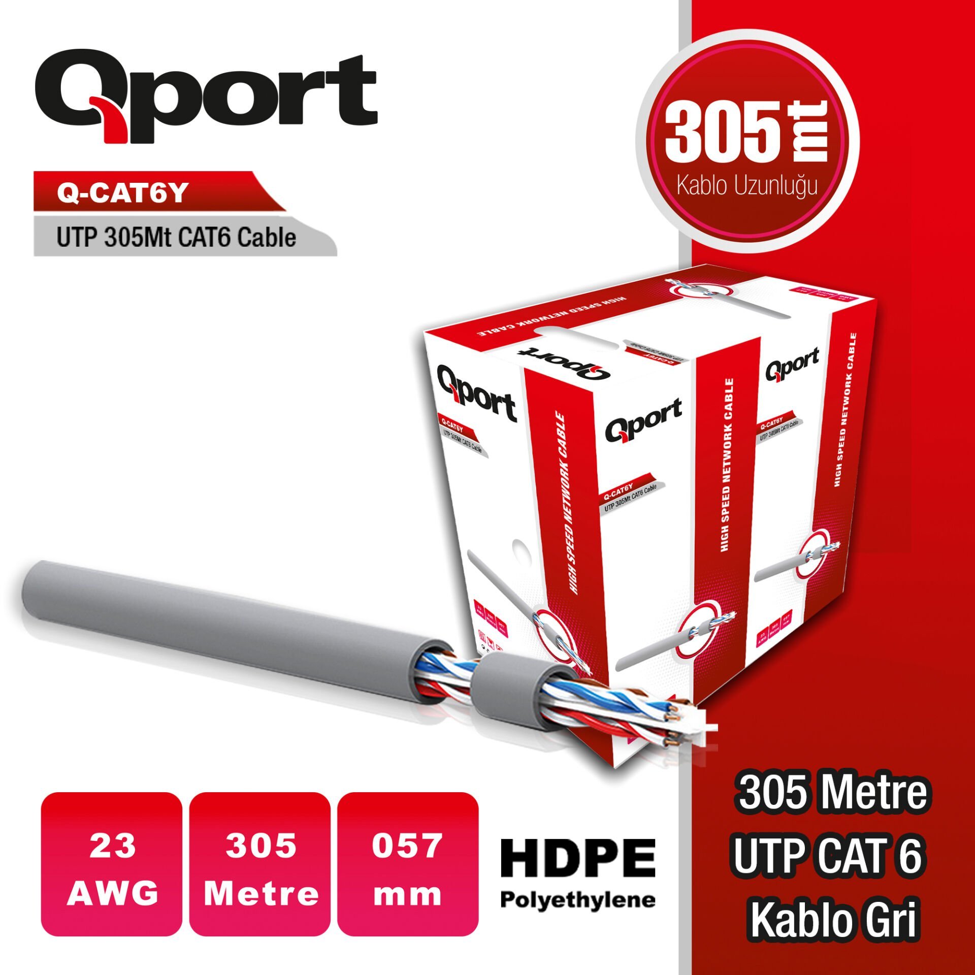 Qport Q-CAT6Y Cat6 UTP PE 23AWG 305 Metre Gri Ethernet Network Kablosu