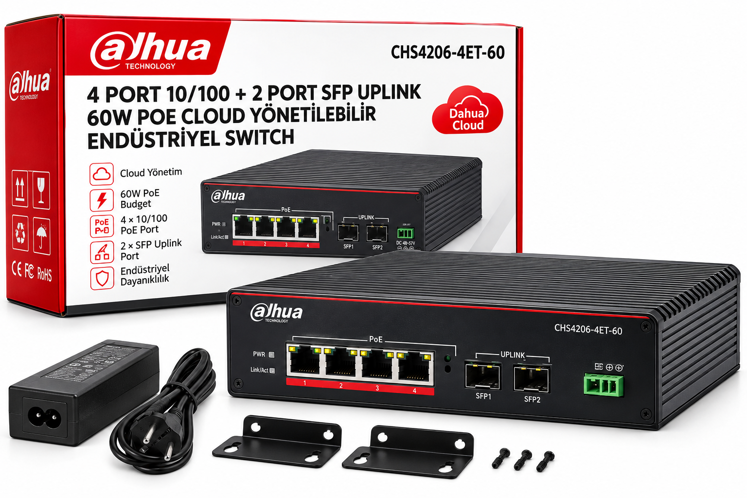 DAHUA CHS4206-4ET-60 4 PORT 10/100 + 2 PORT SFP UPLINK 60W POE CLOUD YÖNETİLEBİLİR ENDÜSTRİYEL SWITCH