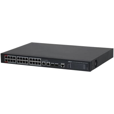 DAHUA S4228‑24GT‑360 24 Port 10/100/1000 Mbps PoE+ / PoE++ Yönetilebilir (Layer 2) Gigabit Switch 360W PoE Bütçesi 2 × 90W PoE++ + 22 × 30W PoE+ 2 × RJ45 Uplink 2 × SFP Combo – Dahua