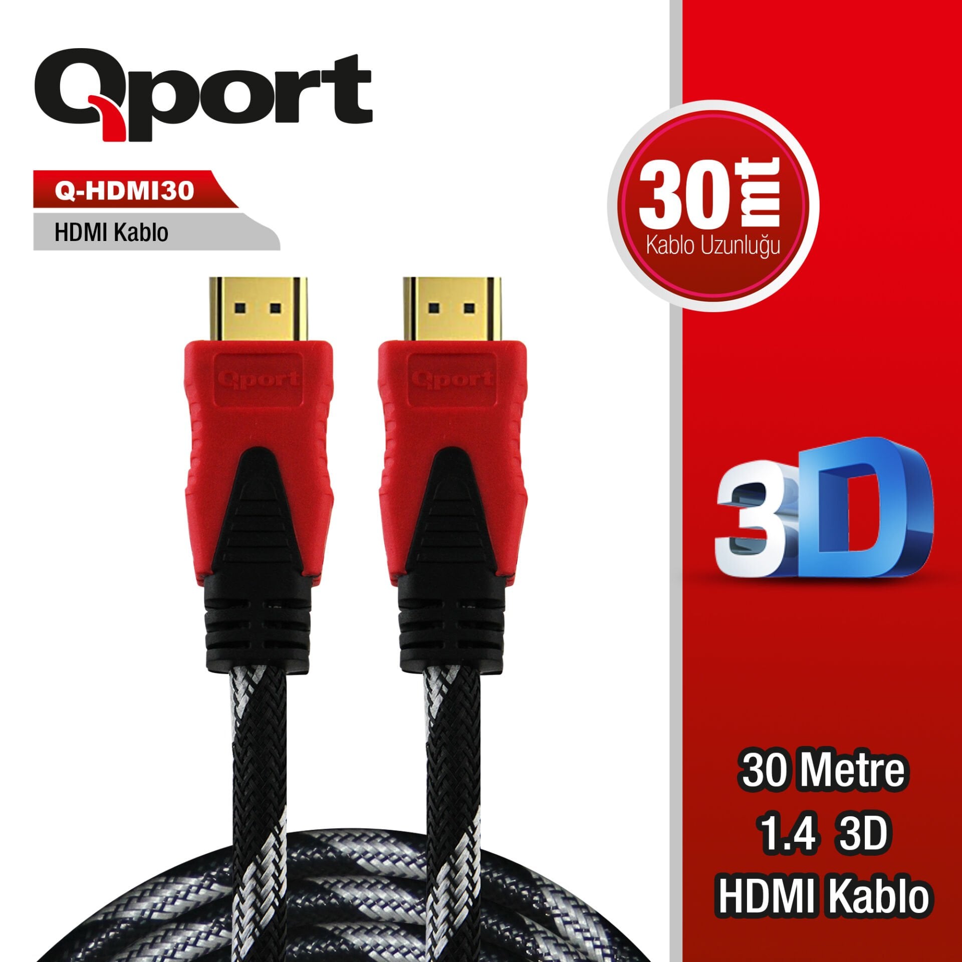 QPORT 30M ALTIN UÇLU HDMI KABLO 1.4V (Q-HDMI30)