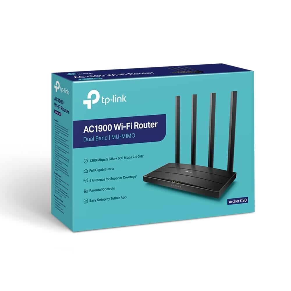 TP‑LINK Archer C80 AC1900 Dual‑Band MU‑MIMO İç Mekân Kablosuz WiFi 5 Router (4×4 1.2 GHz CPU) – 1300 Mbps@5 GHz + 600 Mbps@2.4 GHz, 4 LAN + 1 WAN Gbit, Beamforming, OneMesh, Tether