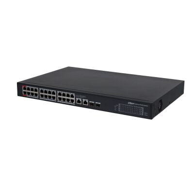 DAHUA PFS3228‑24GT‑360 24‑Port 10/100/1000 Mbps PoE Gigabit L2 Unmanaged Switch 360W PoE Bütçesi (Port 1–2: 90W, Port 3–24: 30W), 2 × RJ45 1 Gbps + 2 × SFP Uplink, Akıllı PoE, –10 °C–55 °C