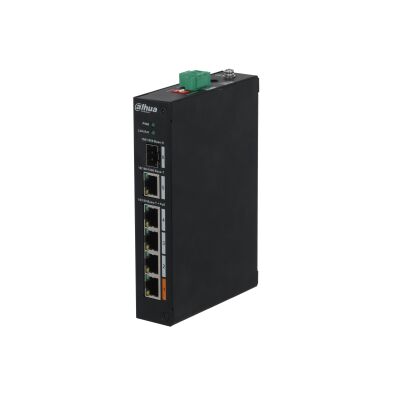 Dahua DH‑PFS3106‑4ET‑60 V2 Intel Layer‑2 Endüstriyel 4×10/100 Mbps PoE RJ‑45 + 1×10/100/1000 Mbps RJ‑45 Uplink + 1 × 100/1000 Mbps SFP 60 W Hi‑PoE PoE Watchdog 250 m Extend –30°C … +65°C Yönetilemez PoE Switch
