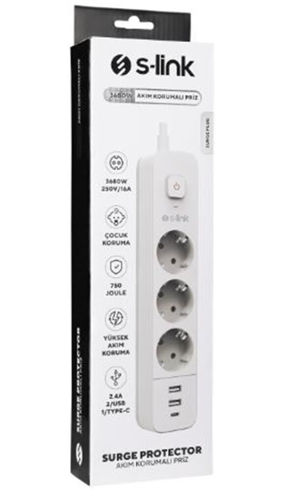 S-link SPG03TC 3'lü Akım Korumalı Grup Priz - 750 Joule, 2 Port USB (5V/2.4A), 1.5 Metre %100 Bakır Kablo