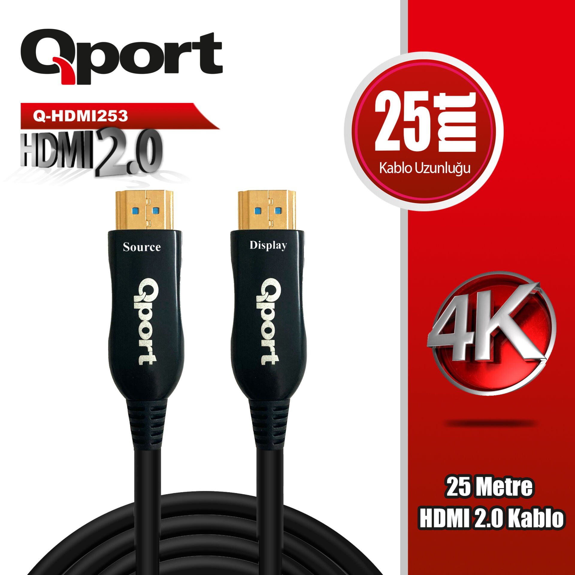 Qport Q-HDMI253 25 Metre HDMI v2.0 4K 60Hz Aktif Yönlü (Chipsetli) Görüntü ve Ses Kablosu