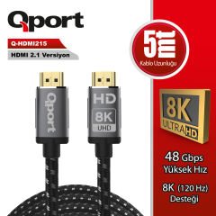 Qport Q-HDMI215 5 Metre HDMI v2.1 8K 60Hz / 4K 120Hz Altın Uçlu Örgülü Görüntü ve Ses Kablosu