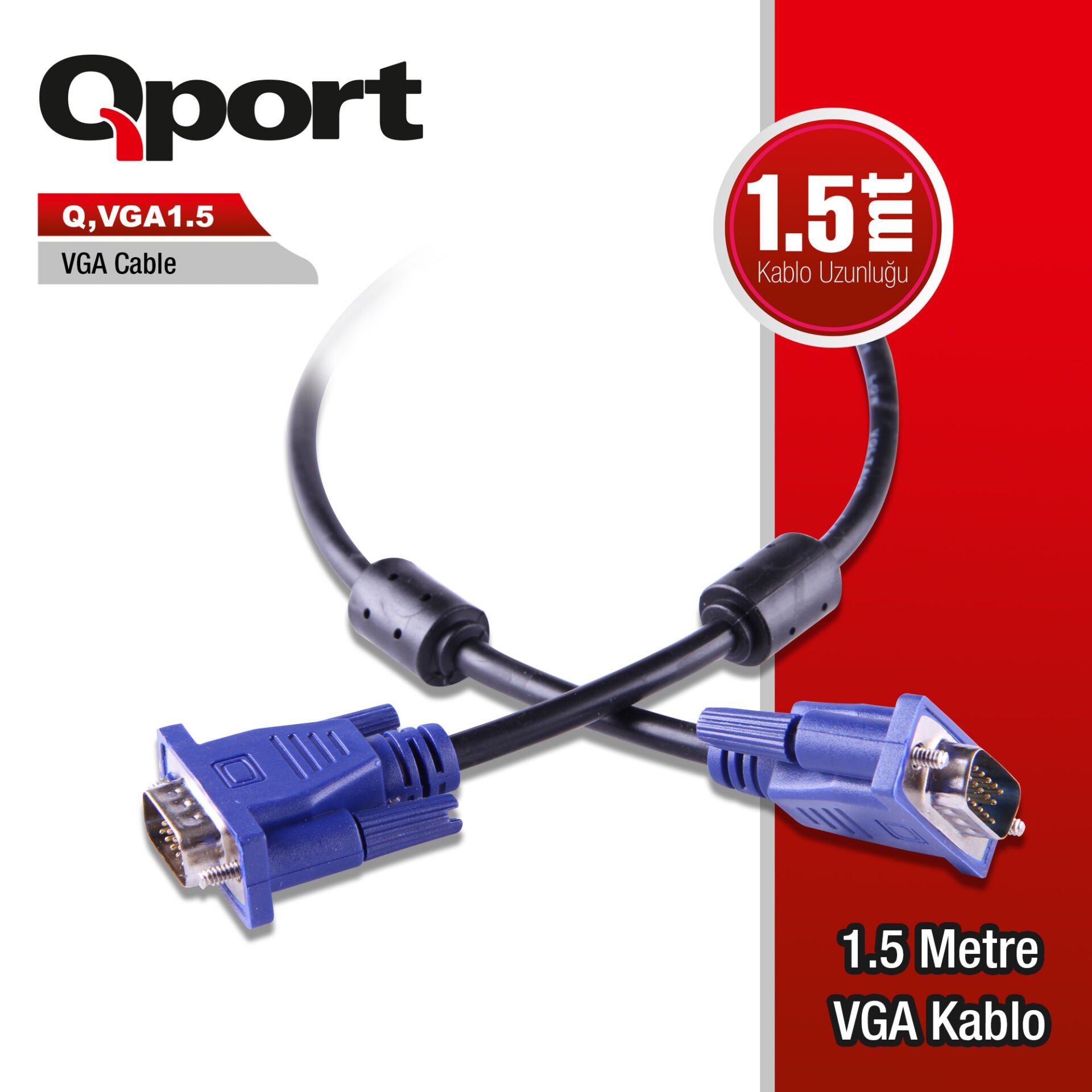 Qport Q-VGA1.5 1.5 Metre 15 Pin Full HD Çift Filtreli Görüntü Kablosu