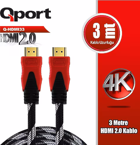 Qport Q-HDMI33 3 Metre HDMI 2.0v 4K@60Hz Altın Uçlu Örgülü Zırhlı Görüntü ve Ses Kablosu