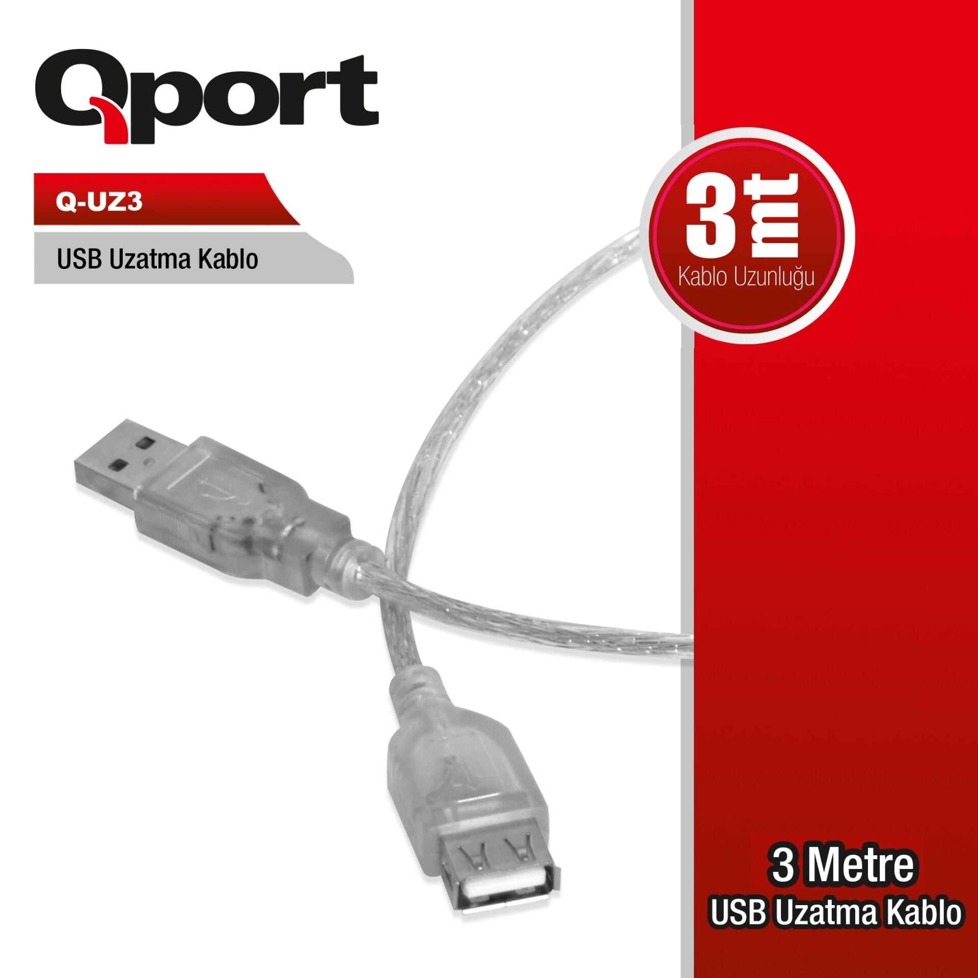 Qport Q-UZ3 3 Metre USB 2.0 A-Male to A-Female Uzatma Kablosu