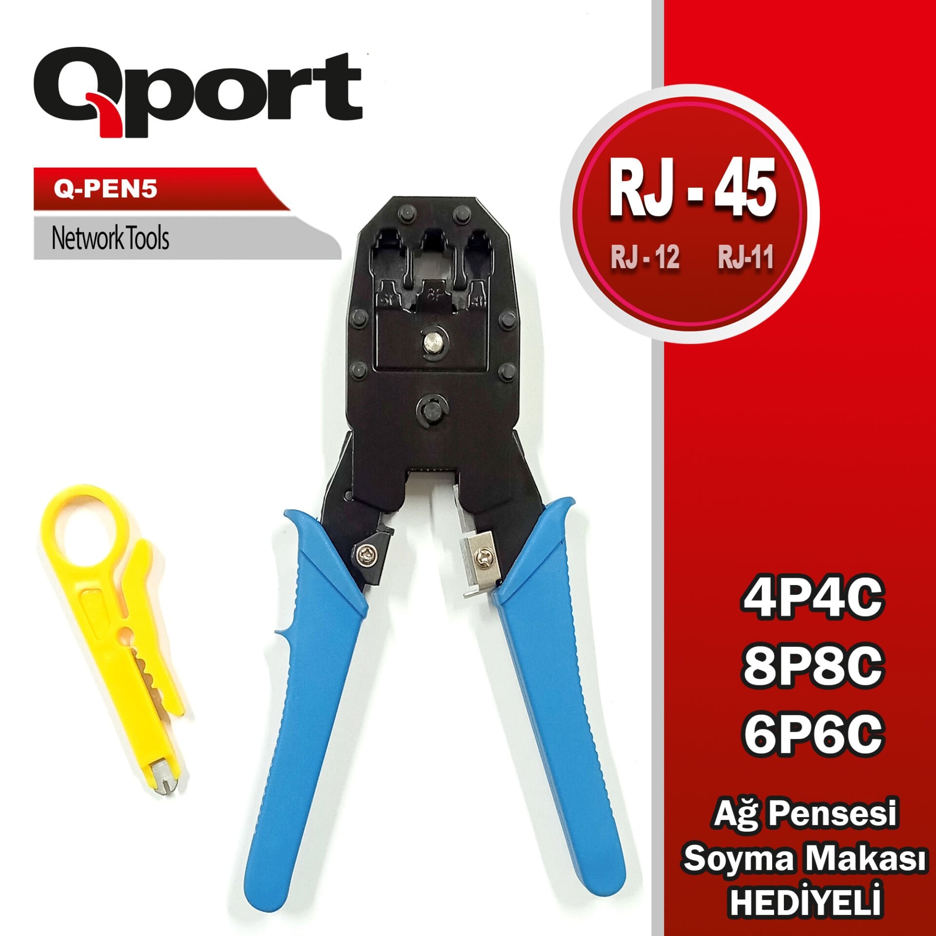 Qport Q-PEN5 RJ45, RJ11 ve RJ12 Konnektör Sıkma Pensesi - Fonksiyonel Kablo Soyucu ve Makas Hediyeli