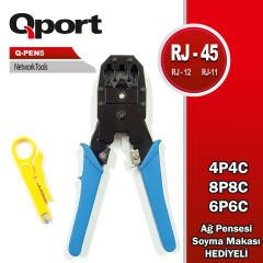 Qport Q-PEN5 RJ45, RJ11 ve RJ12 Konnektör Sıkma Pensesi - Fonksiyonel Kablo Soyucu ve Makas Hediyeli