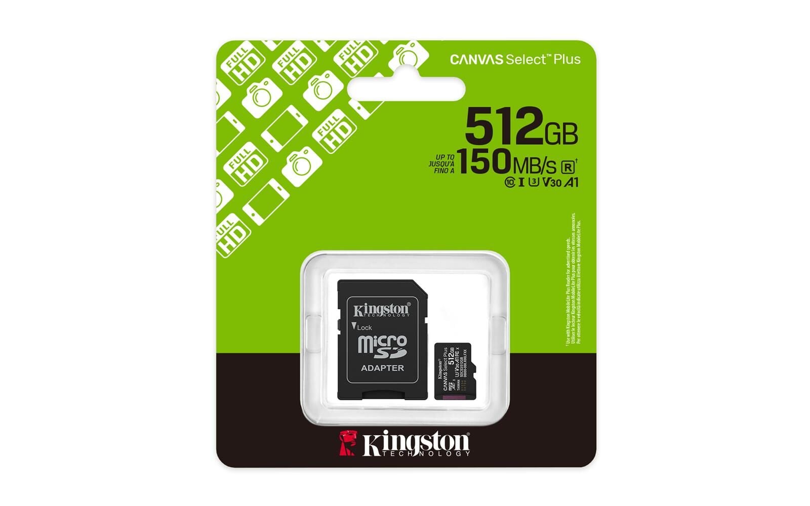 Kingston Canvas Select Plus Gen3 512GB microSDXC 150MB/s U3 V30 A1 Hafıza Kartı + SD Adaptör (SDCS3/512GB)