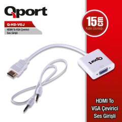 Qport Q-HD-VGJ HDMI to VGA Aktif Dönüştürücü - Ses Çıkışlı ve Micro USB Güç Beslemeli