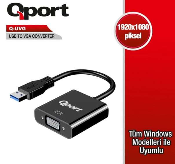 QPort Q-UVG USB 3.0 to VGA Görüntü Çevirici Adaptör USB Grafik Kartı VGA Dönüştürücü Full HD Destekli