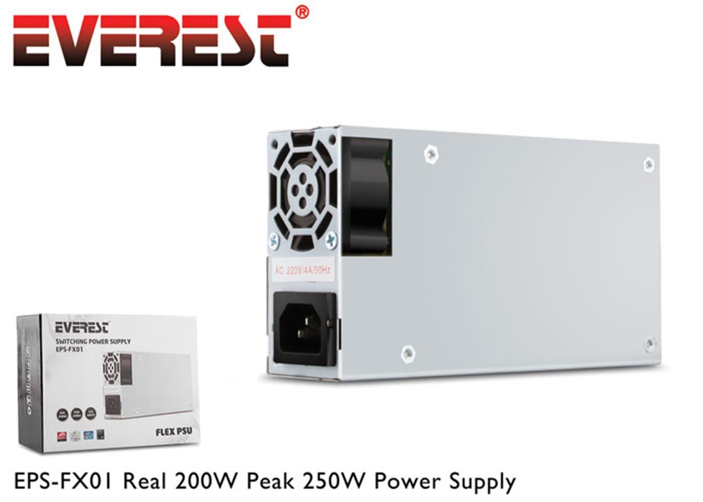 Everest EPS‑FX01 Real 200 W Peak 250 W Slim Power Supply ATX 20+4 pin, 2×SATA, 2×IDE, 4 pin Siyah 4 cm Fan (41×81×150 mm)