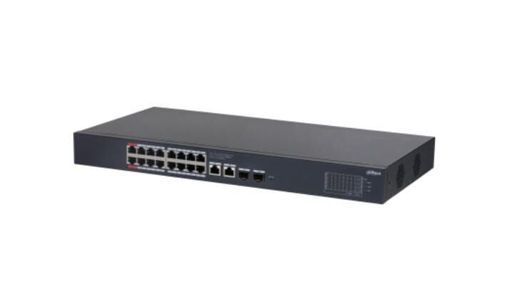 DAHUA CS4220‑16GT‑240 16×10/100/1000 Mbps RJ‑45 PoE+ (2×Hi‑PoE 90W, 14×PoE 30W) + 2×RJ45 + 2×SFP Gigabit Uplink, 240 W PoE Bütçesi, Cloud (DoLynk Care) Takipli Layer‑2 Yönetilebilir 1U Rack/Desk Switch