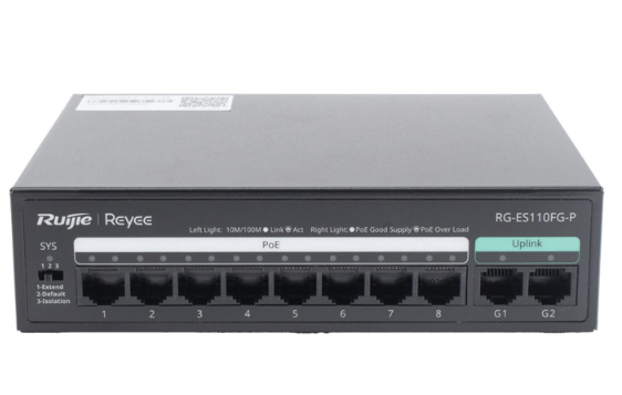 Ruijie Reyee RG-ES110FG-P 8 Port Fast Ethernet PoE + 2 Port Gigabit Uplink 110W PoE Switch Yönetilemez