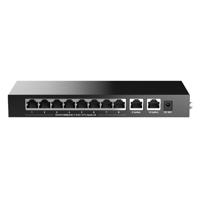 H3C MAGIC BS210T‑P 8×Gigabit RJ45 PoE+ + 2×Gigabit RJ45 Uplink Switch • 57 W PoE Bütçe (≤30 W/Port) • 20 Gbps Switching • 4K MAC • Fanless Metal Kasa • Masüstü/Duvar Montaj