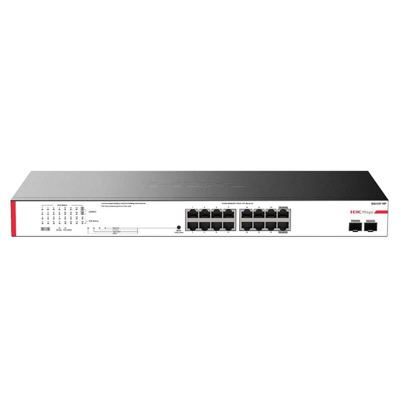 H3C MAGIC BS218F‑HP 16×10/100/1000 Mbps RJ45 PoE+ + 2×1 Gbps SFP Uplink Smart‑Managed Rackmount Switch • 225 W PoE Budget • 52 Gbps Switching • Web/CLI Yönetim • Rack‑Mount Metal Kasa
