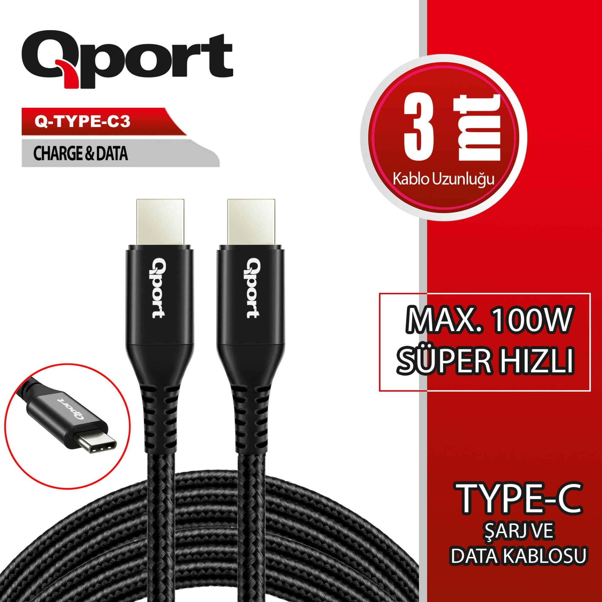 Qport Q-TYPE-C3 3 Metre USB-C to USB-C 100W 5A PD (Power Delivery) Süper Hızlı Şarj ve Veri Aktarım Kablosu
